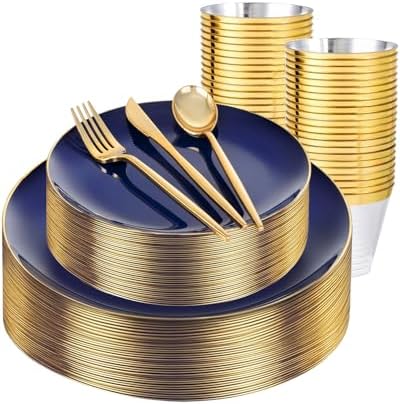 bUCLA 150PCS Blue and Gold Plastic Plates - 25 Guests Navy Blue Plastic Dinnerware Disposable for Party & 4th of July - Include 25 Dinner/Dessert Plates, 25 Knives, 25 Forks, 25 Spoons, 25 Cups by BUCLA