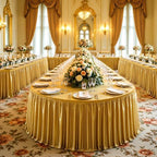 14ft Length Dark Gold Satin Table Skirt for Rectangle Tables-Wrinkle Resistant Ruffle Table Skirting Glitter Desk Cover Skirt for Birthday Party Wedding Banquet Display Gift Dining Table Decorations by Partisky