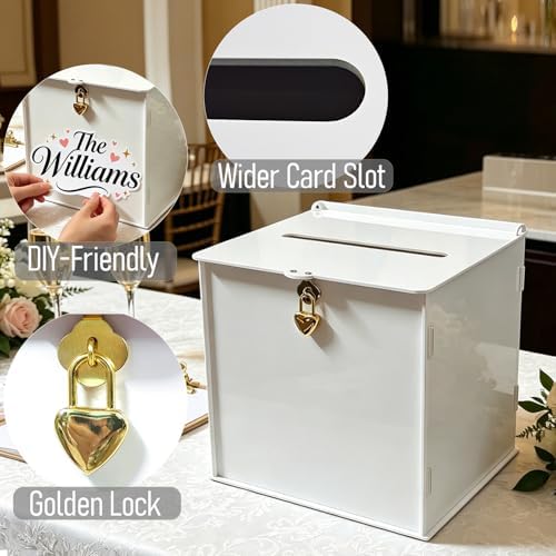 White Acrylic Card Box with Gold Heart Lock, Modern DIY Blank Wedding Card Boxes for Reception Monetary Gifts, Customizable Envelope Box for Party Graduation Bridal Baby Shower All Occasion - Image 4