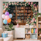 12X10FT Bookshelf Flower Photography Backdrop Vintage Bookcase Magic Books Ancient Library Wall Background Flower Girl Kids Birthday Party Decorations Kindergarten Graduation Banner Photo Booth Props - Image 3