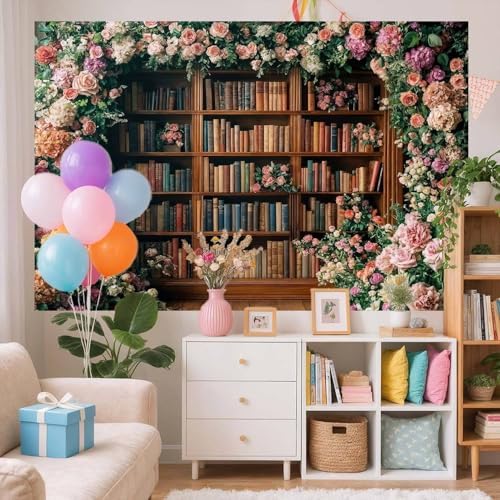 12X10FT Bookshelf Flower Photography Backdrop Vintage Bookcase Magic Books Ancient Library Wall Background Flower Girl Kids Birthday Party Decorations Kindergarten Graduation Banner Photo Booth Props - Image 3