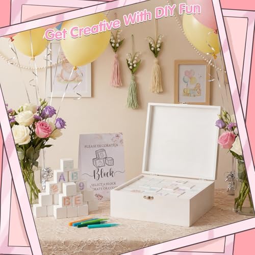 224 Pcs Baby Shower Blocks to Decorate Kit With 98 White Wooden Blocks, White Wooden Box, 24 Markers, 100 Pattern Templates, Sign, Complete Baby Shower Activity Kit for Gender Reveal Party Decorations - Image 5