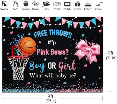 Free Throws or Pink Bows Gender Reveal Backdrop 8x6ft Basketball Bows Gender Reveal Party Decorations Background Boy or Girl He or She Banner Photo Booth Props - Image 3