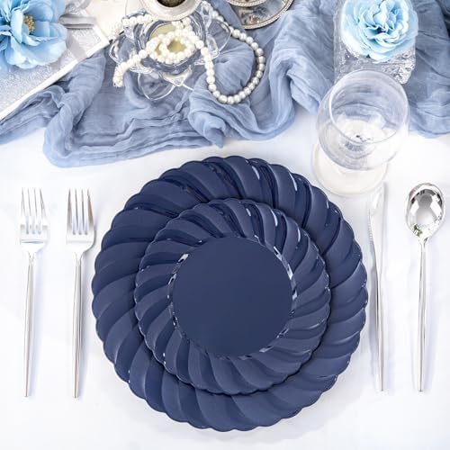 U-QE 60 Pcs Blue Plastic Plates for Party, Scalloped Blue Plates Disposable - Image 5
