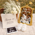 Yookeer 3 Pcs Pregnancy Announcement Set, Gold Mirror White Knit Booties by Yookeer