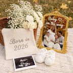 Yookeer 3 Pcs Pregnancy Announcement Set, Gold Mirror White Knit Booties by Yookeer