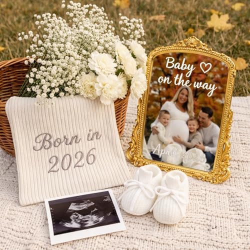 Yookeer 3 Pcs Pregnancy Announcement Set, Gold Mirror White Knit Booties by Yookeer