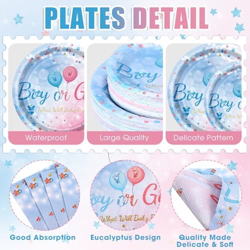 Funnymoom 452 Pcs Gender Reveal Party Supplies for 50 Guests, Pink and Blue Gender Reveal Paper Plates Napkins Cups Tablecloth Cutlery Straws Disposable Tableware for Baby Shower Party Decoration - Image 2