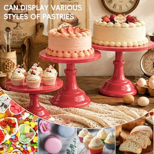 3 PCS Red Round Cake Stand Set, Multi Size Metal Cupcake Holders Stand for Birthday Wedding Banquets, Pastry Display Holders for Holiday Party Dessert Display Table Decor (8"/10"/12" Plate) - Image 3