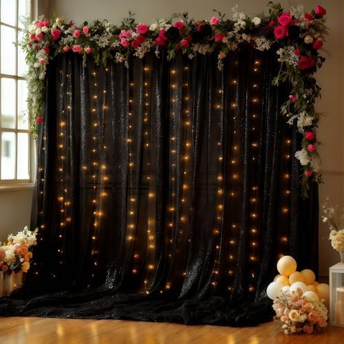 10x10FT Black Wrinkle Free Backdrop Curtains with Lights String for Parties - Photo Curtain Backdrop with Lights for Wedding Decorations, Bridal Baby Shower Birthday Party Photography Background by WishCare
