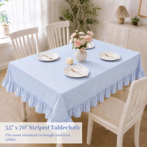 Blue White Striped Ruffled Tablecloth Rectangle 55" x 70" Farmhouse Washed Cotton Table Cloth with Short Ruffle Cottage Table Cover for Boho Dining Room Kitchen Picnic Home Party Decoration - Image 2
