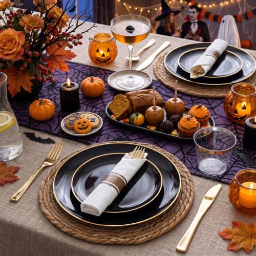 KIRE 175Pcs Black Plates Disposable - Heavy Duty Black and Gold Plastic Plates- 25 for Dinner 25 for Dessert 25 Pre Rolled Gold Silverware and 25 Cups for Party/Wedding/Father's Day/Halloween - Image 2