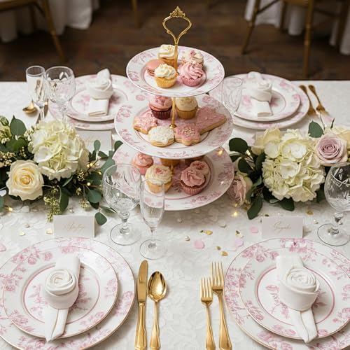 Lallisa Pink Floral 3 Tier Dessert Stand 10", 9" and 7" Ceramic Vintage Chinoiserie Tea Party Tiered Tray Cupcake Stand Display Holder Tower for Wedding Baby Shower Bridal Shower Tea Party - Image 3