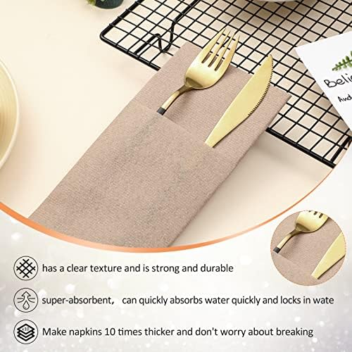 Cindeer 150 Pcs Wood Color Linen Dinner Napkins with Built in Flatware - Image 4