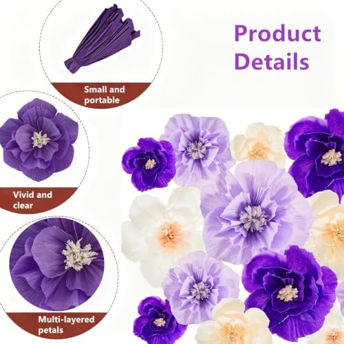 24 Pcs Tissue Paper Flowers Decorations for Wall,8" 10" 12" Crepe Paper Flowers for Floral Party Wedding Baby Bridal Shower Birthday Wall Decor (24, Purple,Light Purple,White) - Image 4