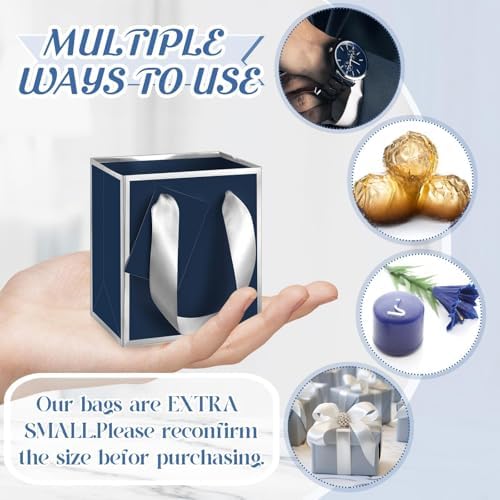 Yeaqee 50 Pcs Mini Paper Gift Bags with Handles Tag, Navy Blue, Silver - Image 3