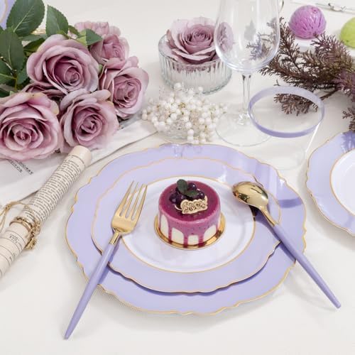 WDF 60pcs Purple Plates Disposable with Gold Rim - Baroque Light Purple Plastic Plates - Lavender Plates for Wedding/Birthday - Image 4