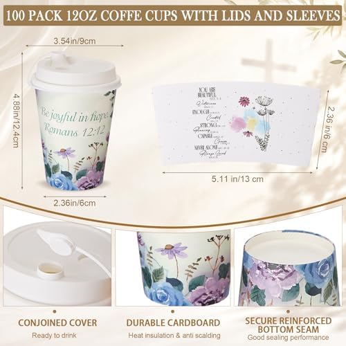 Remerry 100 Pcs 12oz Floral Disposable Coffee Cups with Lids and Sleeves Paper Insulated Drink Hot Coffee Paper Cups with Dome Lids and Sleeves for Party Wedding Birthday Baby Shower (Creative) - Image 4