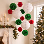 allydrew Christmas Pom Pom and Honeycomb Ball Party Decorations for Xmas, Winter, Holidays, Weddings, Birthdays (Set of 13), Red, Green, White - Image 3