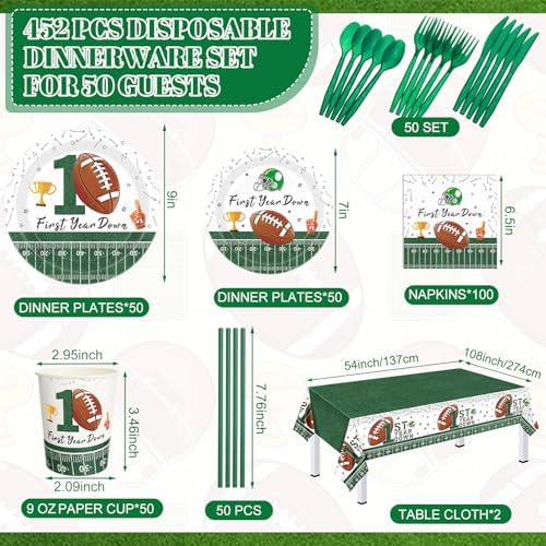 Potchen 452 Pcs Themes Party Supplies Decorations for 50 Guests, Paper Plates Napkins Cups Tablecloth Cutlery Straws for Birthday Baby Shower Party Decorations(Green Brown,1st Football Birthday) - Image 2