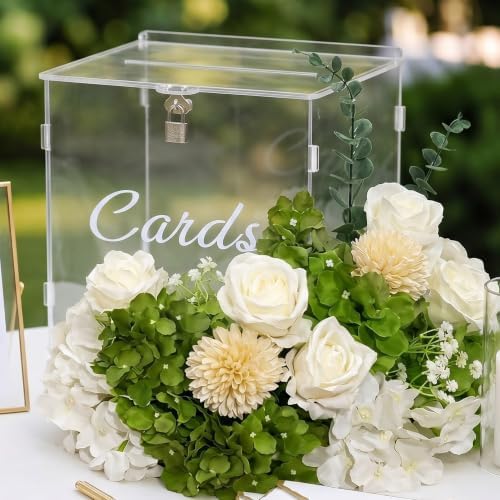 25 Pcs Clear Acrylic Wedding Card Box Set, Large DIY Gift Card Box with Slot & Lock, 15 Silk Flowers, Foam Blocks, Money Holder for Wedding Reception, Baby Shower Party Table Decor by Ferrochef