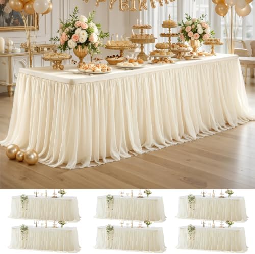 Wish Care 6 Pack Light Champagne Tulle Table Cloth for 8 Foot Rectangle Tables Tulle Tutu Skirt Stretch Fitted Tablecloth Wrinkle Free Ruffle Table Cover for Party Wedding Birthday Banquet Decorations by WishCare