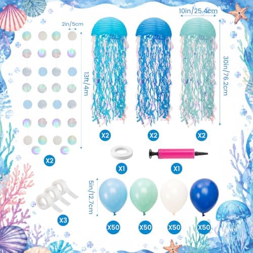208 Pcs Under the Sea Birthday Party Mermaid Decorations Set 6 Hanging Jellyfish Paper Lanterns 200 Blue Balloon 2 Iridescent Circle Garland for Ocean Beach Party Baby Shower Classroom - Image 2