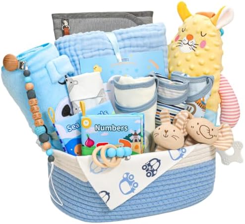 Baby Boy Gifts,Baby Shower Gifts for Boys,Large Baby Boy Gift Basket Set with Swaddle Rattle Toys,Essential Stuff,Gender Reveal Gifts for New Parents by StoFurry