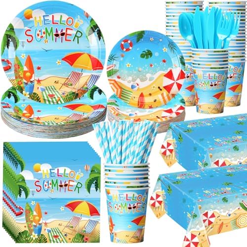 Funnymoom 452 Pcs Hello Summer Plates and Napkins Beach Party Supplies for 50, Summer Beach Cup Tablecloth Cutlery Disposable Tableware for Hawaiian Tropical Luau Ocean Pool Birthday Party Decoration by Funnymoom