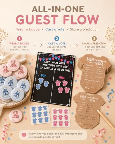 Gender Reveal Games For Guests 180 Pack All-in-One Voting Game Kit, Team Boy or Girl Pins, Stickers, Poster and Baby Prediction Cards for Baby Shower Party Guests - Image 3