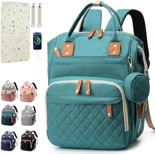 SHITIESHOU Diaper Bag Backpack Baby Bag, Baby Girl Boy Diaper Bag for Dad Mom with Pad, 16 Pockets, Pacifier Case, Large Diaper Bags Unisex for Travel (Green) by SHITIESHOU