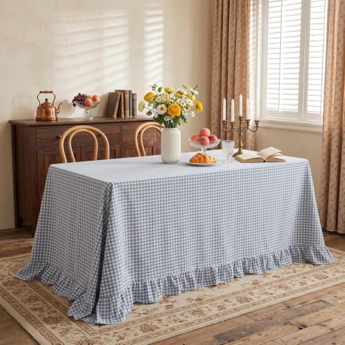Eternal Beauty Gingham Ruffled Tablecloth Dusty Blue White 60x102 Farmhouse - Image 4