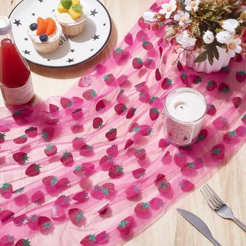 12 Pcs 29x70 Inch Strawberry Shiny Glitter Tulle Table Runner, Magenta Lace Strawberry Tablecloth for Cake Birthday Party Wedding Baby Shower Christmas Decorations - Image 4