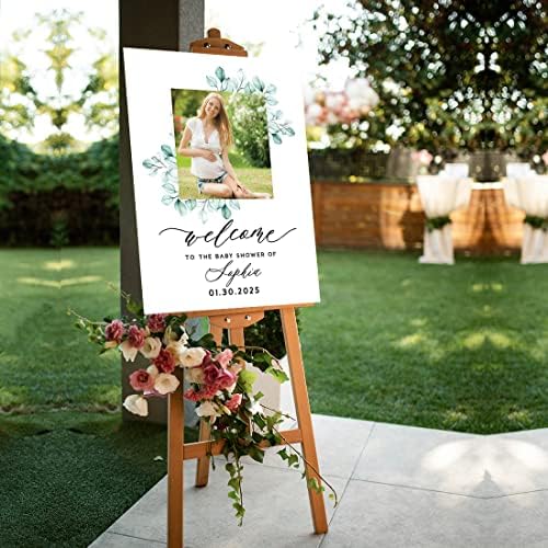 Andaz Press 16"x20" Personalized Canvas Baby Shower Welcome Sign, Custom Photo, Watercolor Greenery Gender Neutral Large Welcome Baby Shower Sign for Easel Stand, Baby Shower Decorations - Image 4