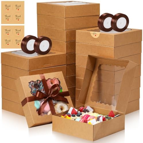 8x8x2 Auto-Popup Cookie Boxes with Window, Brown, 60 Pack by EQOREIIN
