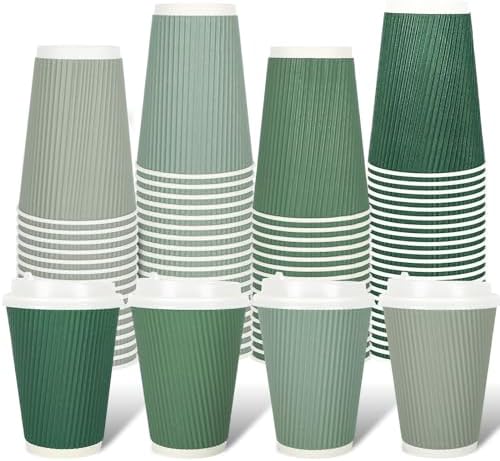 Whaline 100Pcs Sage Green Disposable Coffee Cups with Lids 12oz Gradient Green Paper Cups Corrugated Ripple Wall Insulated Hot Cups for Home Office Party Supplies by Whaline