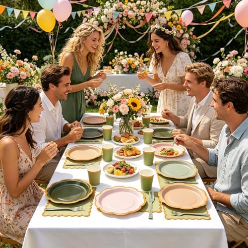 Sage Green Plates and Napkins Party Supplies for 48 Guests, Disposable 9’’ Gradient Pink and Green Scalloped Paper Plates Tableware Set for Birthday Party, Wedding, Baby Shower Decorations - Image 5