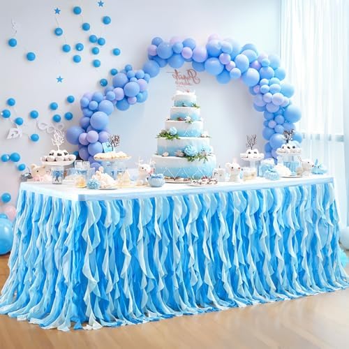 Partisky Ocean Blue Tulle Tutu Ruffle Curly Willow Table Skirt for Rectangle Table 14ft,Under The Sea Baby Shark Themed Table Cloth for Boys Girls Birthday Party or Baby Shower by Partisky