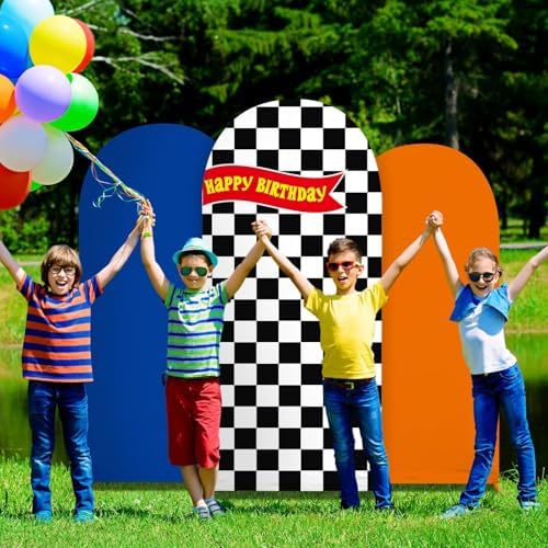 3 Pcs Race Car Arch Backdrop Cover Adaptable for 4ft 5ft 6ft Size Frames Black and White Checkered Chiara Hot Arch Stand Covers for Racing Birthday Baby Shower Party Decorations Supplies - Image 6