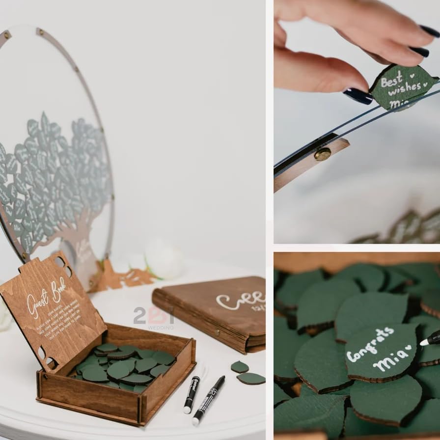 Rustic Guest Book Alternative Set with 100 135 Leaves - Custom Wedding Wooden Family Signing Tree Guest Book - Round Wooden Drop Box Frame - Handcrafted Engraved Wedding Decoration & Keepsake (Green) - Image 6
