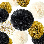 NICROLANDEE Black Gold Party Decorations - 12PCS Black Gold White Tissue Paper Pom Poms and 12PCS Metallic Foil Paper Lanterns for Wedding, Birthday, Graduation Décor, Prom, Festival Decorations - Image 5
