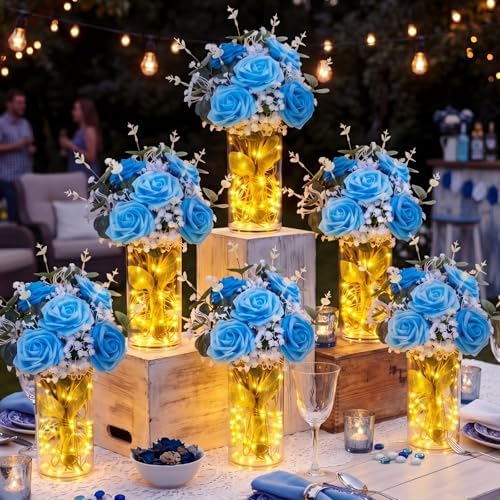 Domensi Set of 6 LED Lighted Floral Table Centerpieces, Faux Roses, Eucalyptus & Baby's Breath in Acrylic Vase, Glowing Rustic Wedding Decor for Bridal Shower, Party & Dining Table(Blue) - Image 6