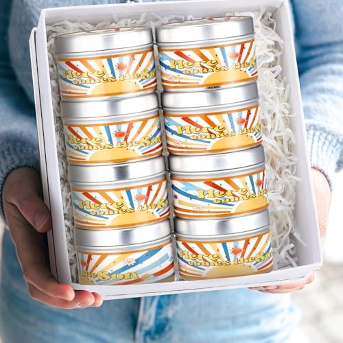MTLEE Baby Shower Party Favors Candles Lavender Scented Baby Shower Favors for Guests Rustic Tealights Candles Gender Reveal Return Gifts(Yellow,Here Comes the Son,1.2 oz,24 Pcs) - Image 6
