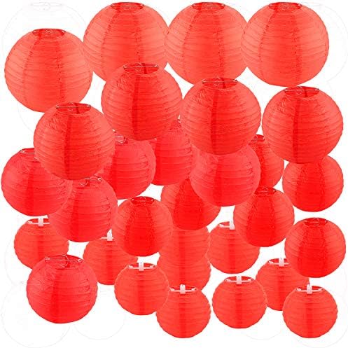 30 Pack Red Paper Lanterns 4" 6" 8" 10" 12" Assorted Sizes, CBTONE Red Hanging Round Lanterns Decorative Chinese Paper Lanterns for Birthday Wedding Baby Shower Festival Christmas Party Decoration by CBTONE