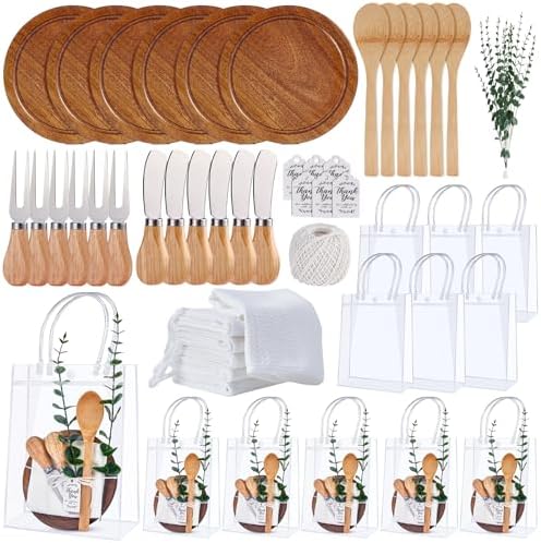 55Pcs Baby Shower Prizes for Game Winners 6 Sets Cheese Board Spoon Fork Butter Spreaders Plaid Towel Thank You Card and Gift Bags for Baby Shower Wedding Bridal Shower Favors (Round Shaped) by Rigibright