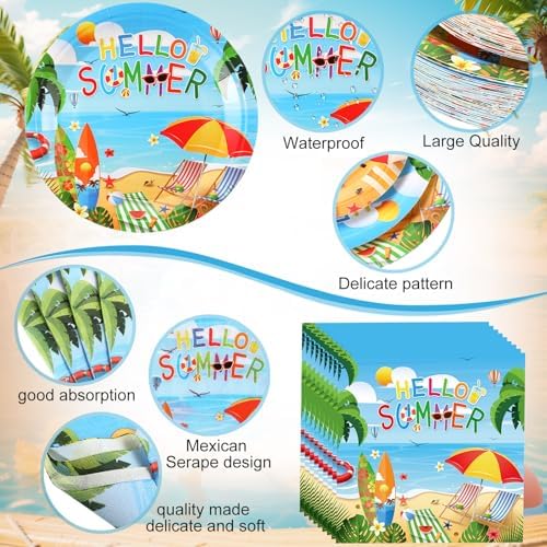 Funnymoom 452 Pcs Hello Summer Plates and Napkins Beach Party Supplies for 50, Summer Beach Cup Tablecloth Cutlery Disposable Tableware for Hawaiian Tropical Luau Ocean Pool Birthday Party Decoration - Image 3