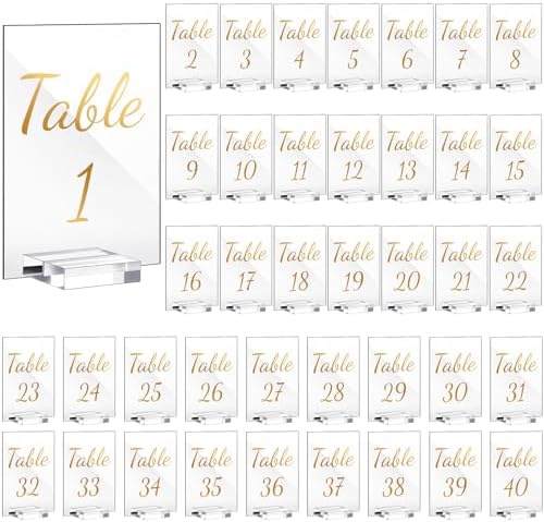 Tuanse 40 Pack Gold Acrylic Wedding Table Numbers 1-40 Clear Stand with Calligraphy Holders - 5 x 7 Inch Acrylic Table Signs for Wedding Reception Centerpieces by Tuanse