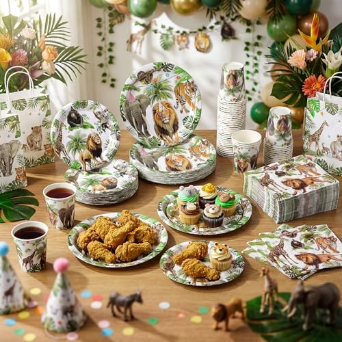 Pickmesh 250 Pcs Jungle Birthday Party Supplies Decorations Serve 50 Safari Animals Disposable Paper Plates Napkins and Cups Jungle Wild Animals Zoo Safari Baby Shower Birthday Wedding Party Supplies - Image 6