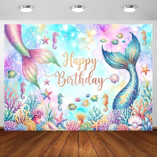 10X8Ft Mermaid Happy Birthday Backdrop Purple and Pink Princess Girls Birthday Party Decorations Starfish Shells Ocean Girls Baby Shower Banner Cake Smash Decor Photo Booth Props by Viajar