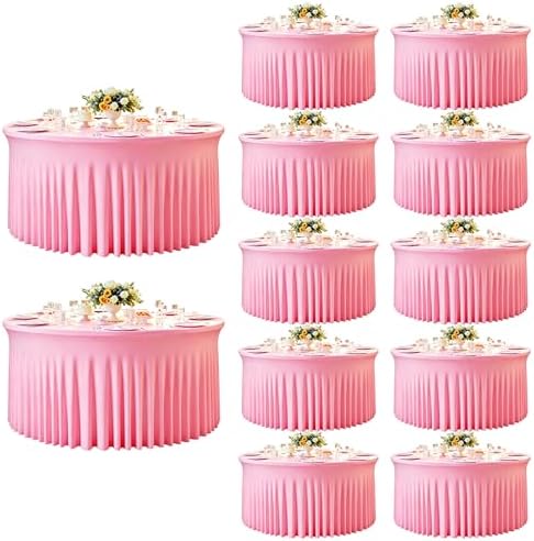 12 Pack Pink Table Cloths for 5FT Round Tables, Fitted Spandex 120 inch Round Tablecloth, Wrinkle Free Pink Table Skirt for Receptions Birthday Photography Social Events Engagement Party Decorations by Creativepartyuniquedecorat